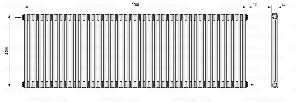 Схема (чертеж) Радиатор Zehnder Charleston 2250/48 №1670 Белый глянцевый RAL 9016